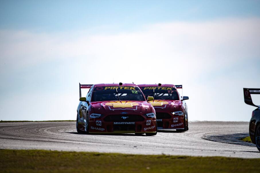 Scott McLaughlin (17) led his teammate Fabian Coulthard (12) to the finish line in Saturday's race. Scott McLaughlin (17) led his teammate Fabian Coulthard (12) to the finish line in Saturday's race.